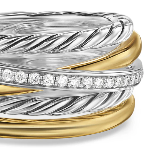 Crossover Five Row Ring in Sterling Silver with 18K Yellow Gold and Diamonds, 11mm, Size 7 - Image 5