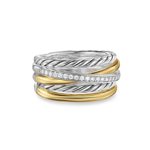 Crossover Five Row Ring in Sterling Silver with 18K Yellow Gold and Diamonds, 11mm, Size 8