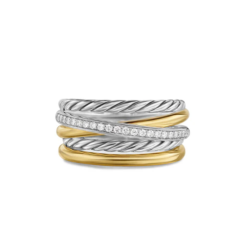 Crossover Five Row Ring in Sterling Silver with 18K Yellow Gold and Diamonds, 11mm, Size 8 - Image 2