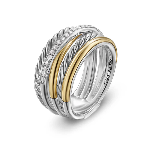 Crossover Five Row Ring in Sterling Silver with 18K Yellow Gold and Diamonds, 11mm, Size 8 - Image 4