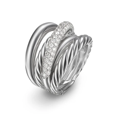 Crossover Five Row Ring in Sterling Silver with Diamonds, 17.5mm, Size 7 - Image 2