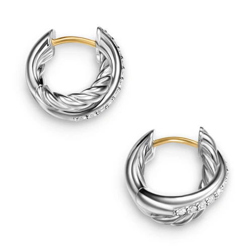 Crossover Huggie Hoop Earrings in Sterling Silver with Diamonds, 12.4mm - Image 3