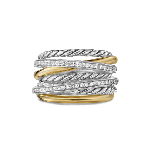 Crossover Seven Row Ring in Sterling Silver with 18K Yellow Gold and Diamonds, 16mm, Size 8