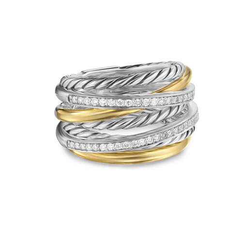 Crossover Seven Row Ring in Sterling Silver with 18K Yellow Gold and Diamonds, 16mm, Size 8 - Image 2