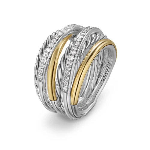 Crossover Seven Row Ring in Sterling Silver with 18K Yellow Gold and Diamonds, 16mm, Size 8 - Image 4