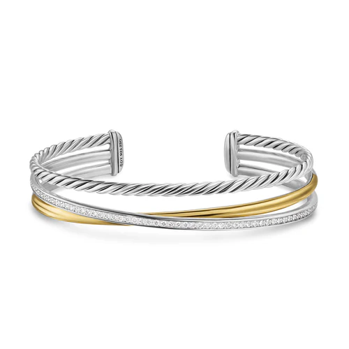 Crossover Three Row Bracelet in Sterling Silver with 18K Yellow Gold and Diamonds, 11mm, Size Medium - Image 2