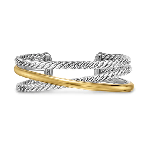 Crossover Three Row Cuff Bracelet in Sterling Silver with 14K Yellow Gold, 20mm, Size Large