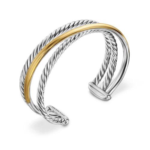 Crossover Three Row Cuff Bracelet in Sterling Silver with 14K Yellow Gold, 20mm, Size Medium - Image 3