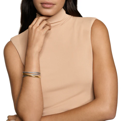 Crossover Three Row Cuff Bracelet in Sterling Silver with 14K Yellow Gold, 20mm, Size Medium - Image 5