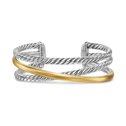 Crossover Three Row Cuff Bracelet in Sterling Silver with 14K Yellow Gold, 20mm, Size Small - Image 2
