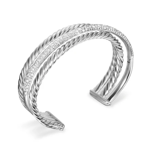 Crossover Three Row Cuff Bracelet in Sterling Silver with Diamonds, 20mm, Size Medium - Image 3