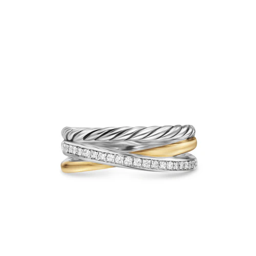 Crossover Three Row Ring in Sterling Silver with 18K Yellow Gold and Diamonds, 7mm, Size 5 - Image 2