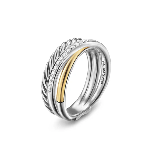 Crossover Three Row Ring in Sterling Silver with 18K Yellow Gold and Diamonds, 7mm, Size 6 - Image 2