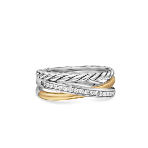Crossover Three Row Ring in Sterling Silver with 18K Yellow Gold and Diamonds, 7mm, Size 8