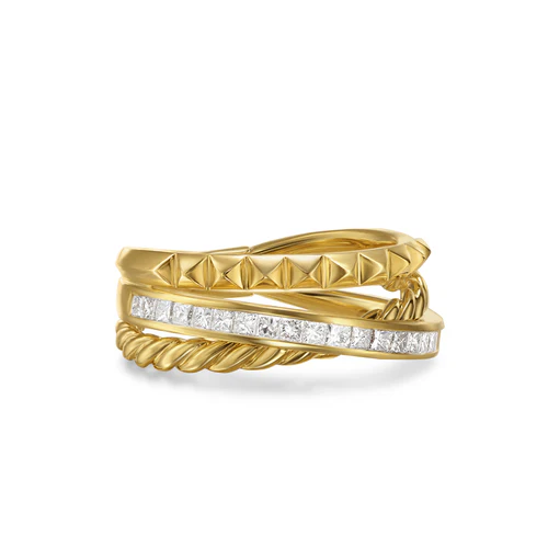 Crossover Trio Three Row Ring in 18K Yellow Gold with Diamonds, 8mm, Size 6