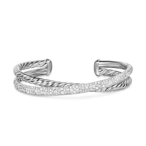 Crossover Two Row Cuff Bracelet in Sterling Silver with Diamonds, 11mm, Size Large - Image 2