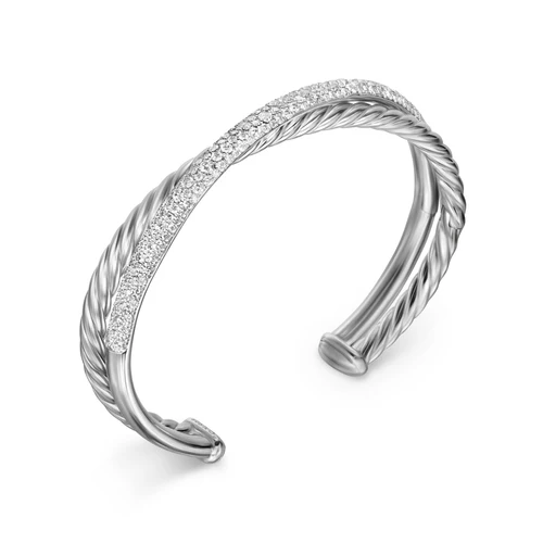 Crossover Two Row Cuff Bracelet in Sterling Silver with Diamonds, 11mm, Size Large - Image 3