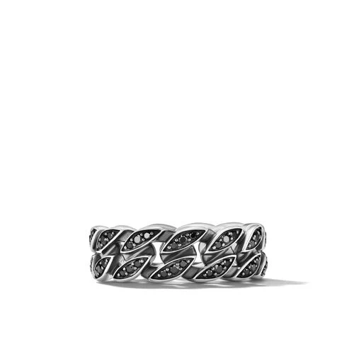 Curb Chain Band Ring in Sterling Silver with Black Diamonds, 8mm - Image 3