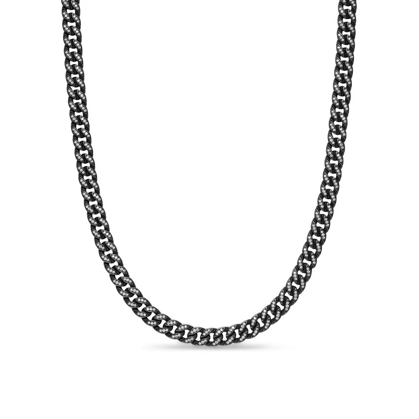 Curb Chain Necklace in Black Titanium with Diamonds, 8mm, 22"