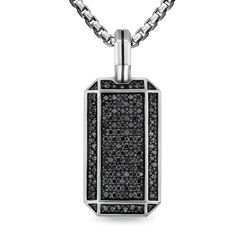 Deco Tag in Sterling Silver with Black Diamonds, 27mm