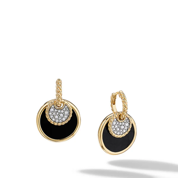 DY Elements Drop Earrings in 18K Yellow Gold with Pavé Diamonds & Black Onyx Reversible to Mother of Pearl