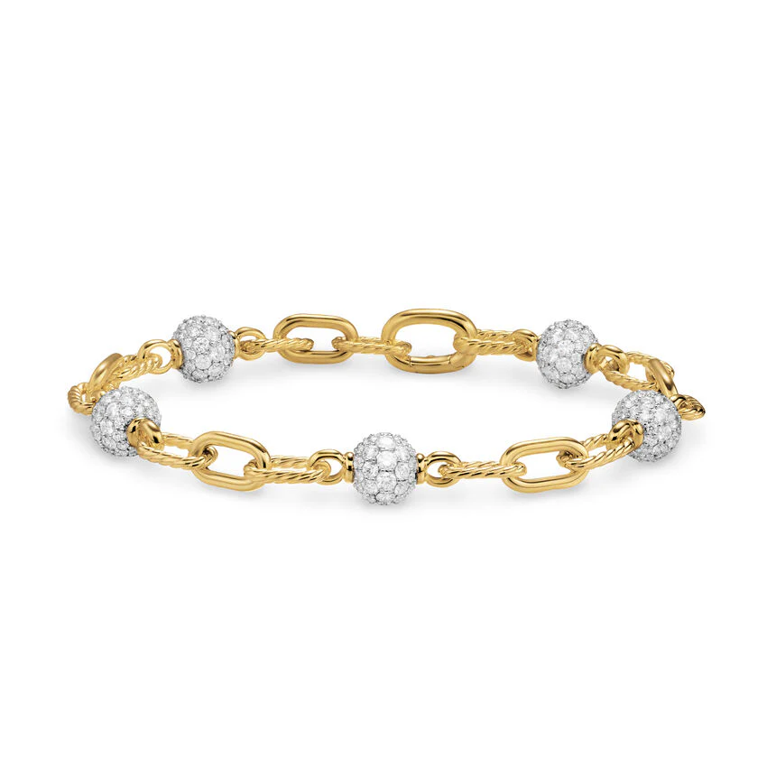 DY Madison Pavé Bead Chain Bracelet in 18K Yellow Gold with Diamonds, 6mm, Size Medium