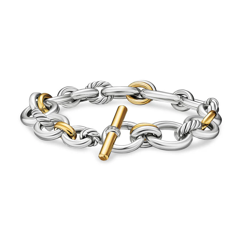 DY Mercer Chain Bracelet in Sterling Silver with 18K Yellow Gold and Diamonds, 8mm, Size Large