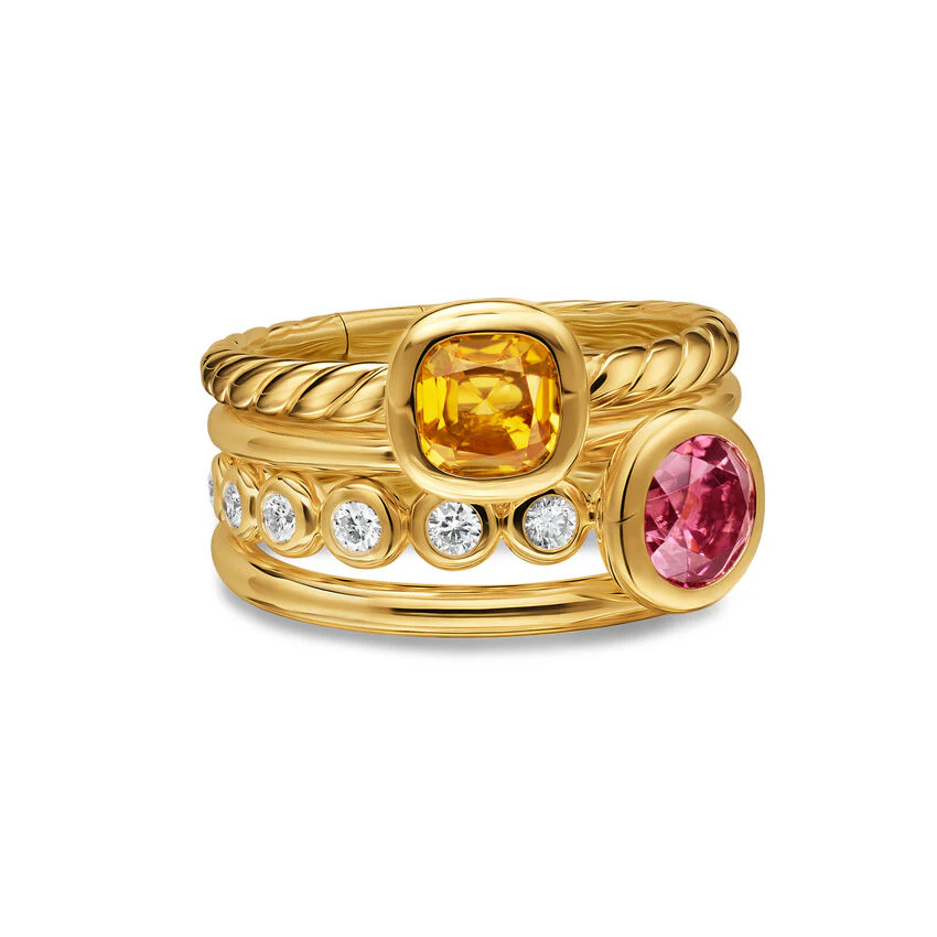 DY Mercer Color Stone Multi Row Ring in 18K Yellow Gold with Citrine, Pink Tourmaline and Diamonds, 10mm, Size 7
