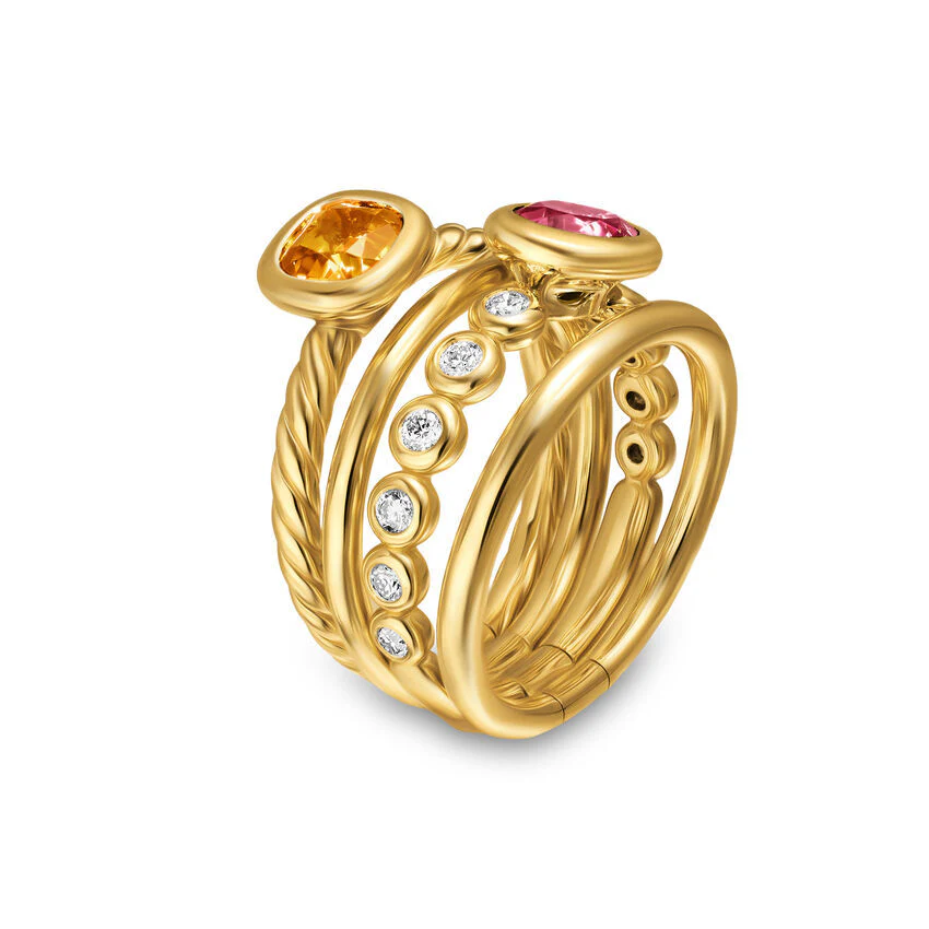 DY Mercer Color Stone Multi Row Ring in 18K Yellow Gold with Citrine, Pink Tourmaline and Diamonds, 10mm, Size 7 - Image 2