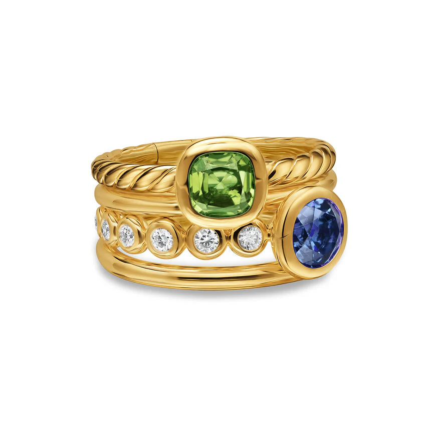 DY Mercer Color Stone Multi Row Ring in 18K Yellow Gold with Green Tourmaline, Tanzanite and Diamonds, 10mm, Size 7