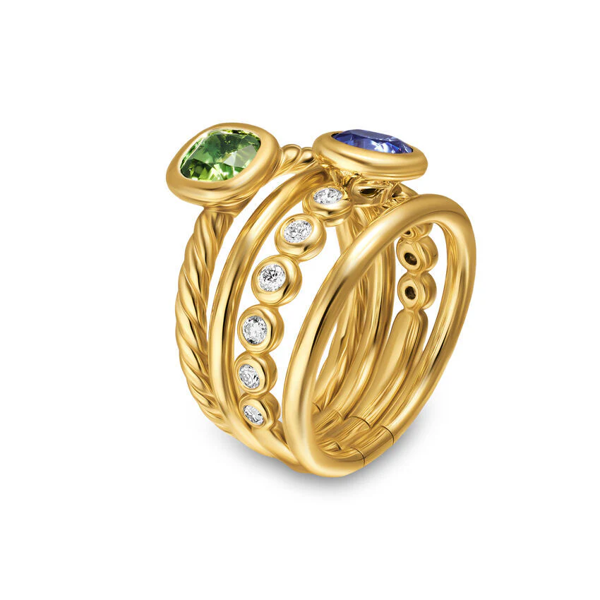 DY Mercer Color Stone Multi Row Ring in 18K Yellow Gold with Green Tourmaline, Tanzanite and Diamonds, 10mm, Size 7 - Image 2