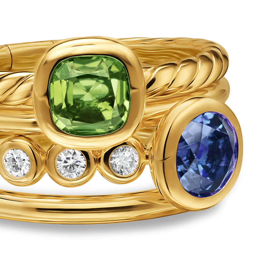 DY Mercer Color Stone Multi Row Ring in 18K Yellow Gold with Green Tourmaline, Tanzanite and Diamonds, 10mm, Size 7 - Image 3