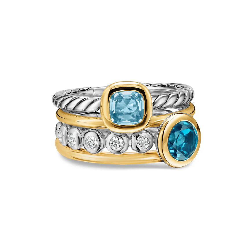 DY Mercer Color Stone Multi Row Ring in Sterling Silver with 18K Yellow Gold, Blue Topaz and Diamonds, 10mm