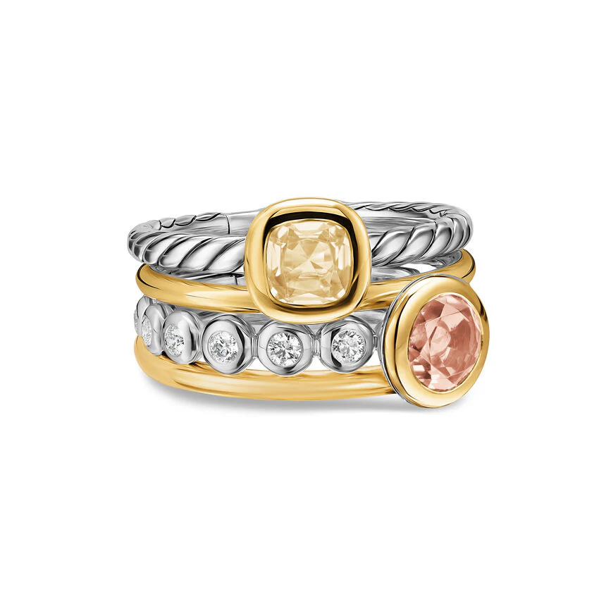DY Mercer Color Stone Multi Row Ring in Sterling Silver with 18K Yellow Gold, Champagne Citrine, Morganite and Diamonds, 10mm, Size 7