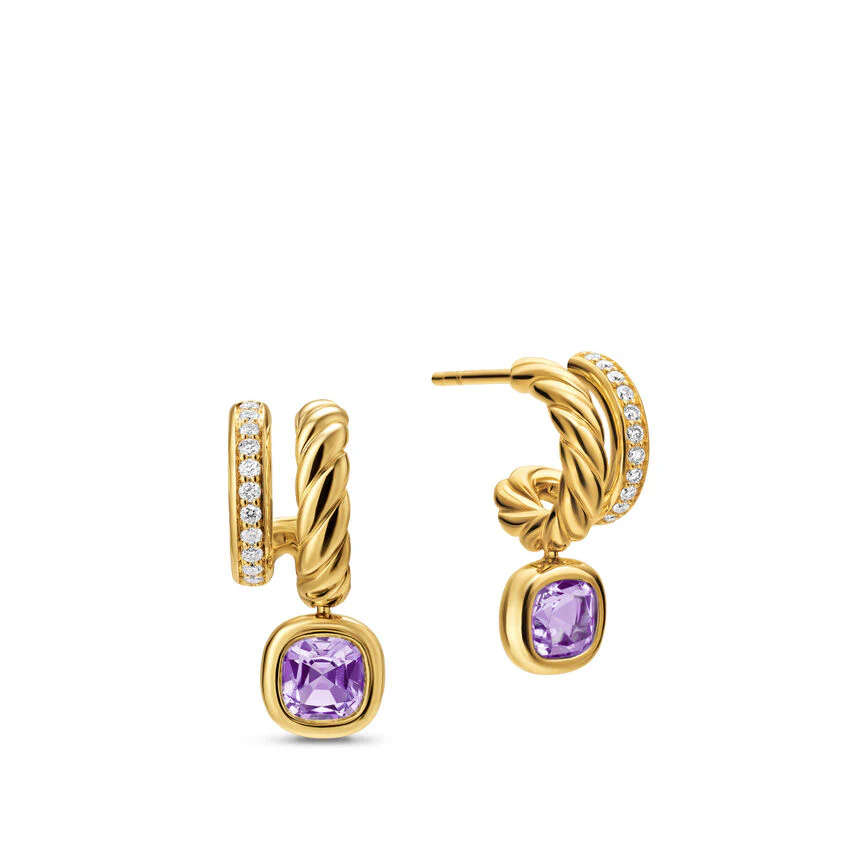 DY Mercer Color Two Row Drop Earrings in 18K Yellow Gold with Amethyst and Diamonds, 19.5mm - Image 2