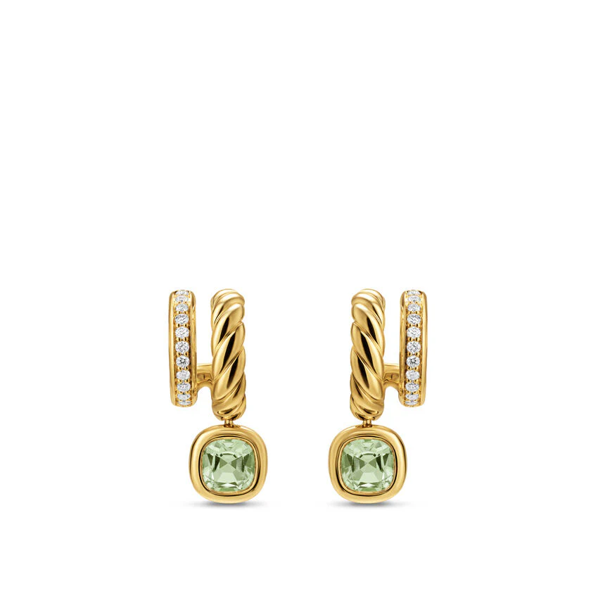 DY Mercer Color Two Row Drop Earrings in 18K Yellow Gold with Prasiolite and Diamonds, 19.5mm