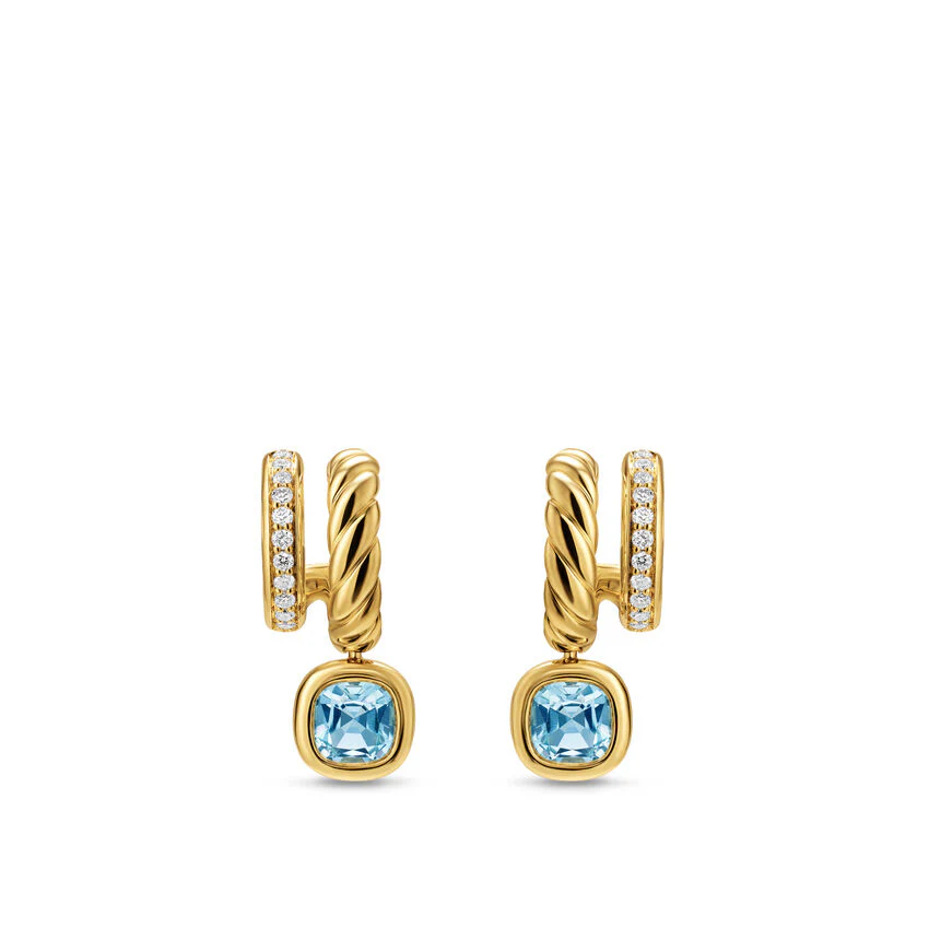DY Mercer Color Two Row Drop Earrings in 18K Yellow Gold with Sky Blue Topaz and Diamonds, 19.5mm