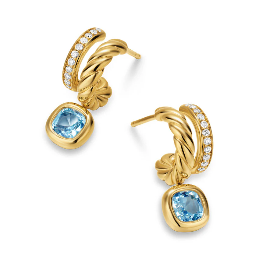 DY Mercer Color Two Row Drop Earrings in 18K Yellow Gold with Sky Blue Topaz and Diamonds, 19.5mm - Image 2