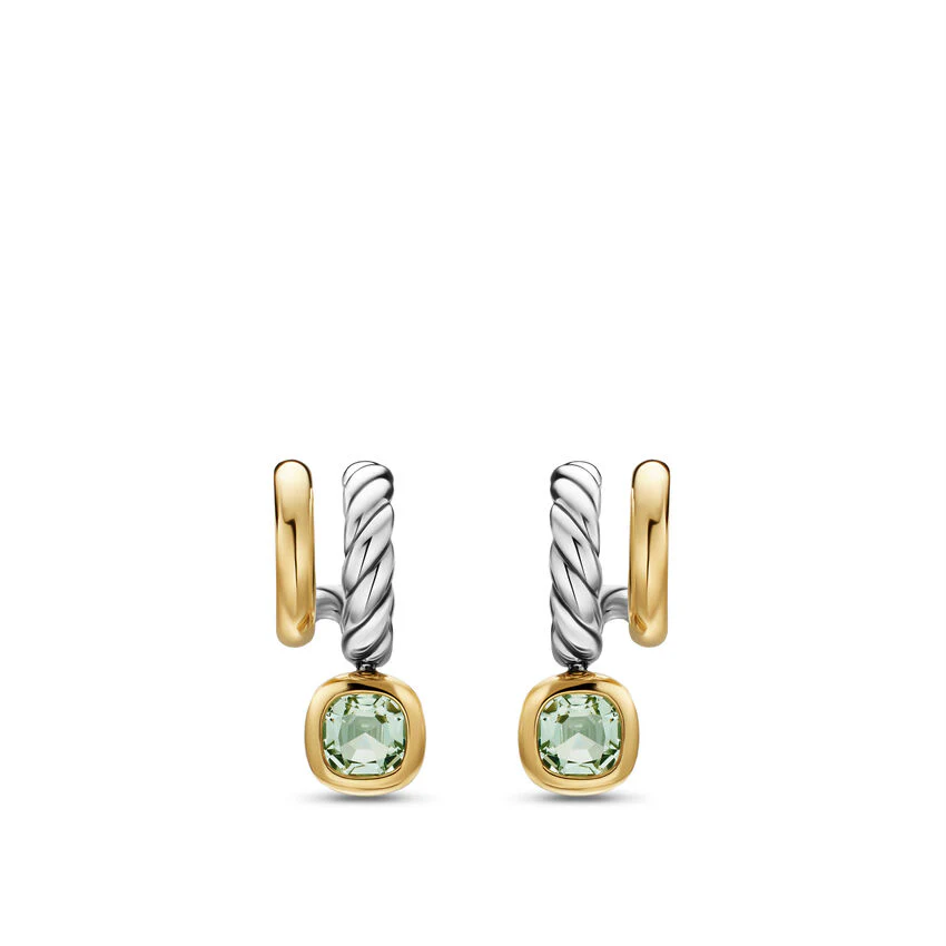 DY Mercer Color Two Row Drop Earrings in Sterling Silver with 18K Yellow Gold and Prasiolite, 19.5mm