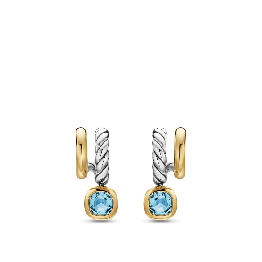 DY Mercer Color Two Row Drop Earrings in Sterling Silver with 18K Yellow Gold and Sky Blue Topaz, 19.5mm