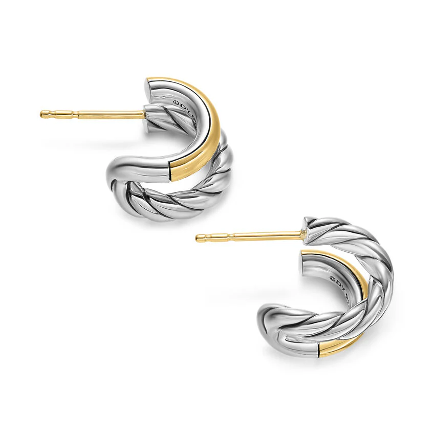 DY Mercer Double Hoop Huggie Earrings in Sterling Silver with 18K Yellow Gold, 13.5mm - Image 2