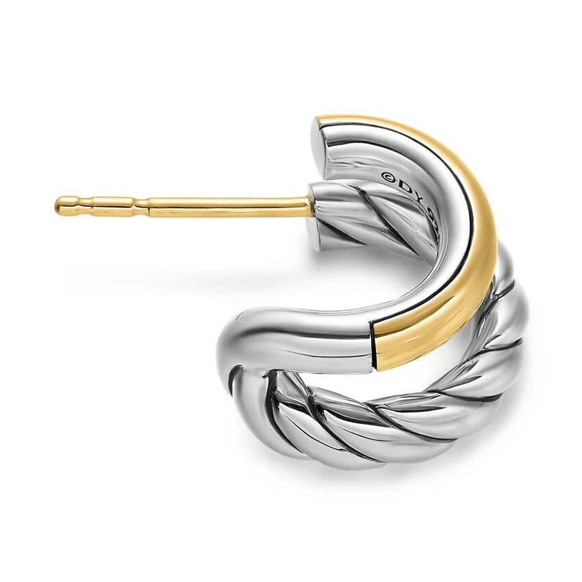 DY Mercer Double Hoop Huggie Earrings in Sterling Silver with 18K Yellow Gold, 13.5mm - Image 3