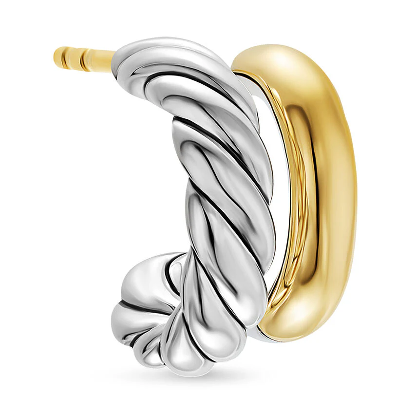 DY Mercer Double Hoop Huggie Earrings in Sterling Silver with 18K Yellow Gold, 13.5mm - Image 4