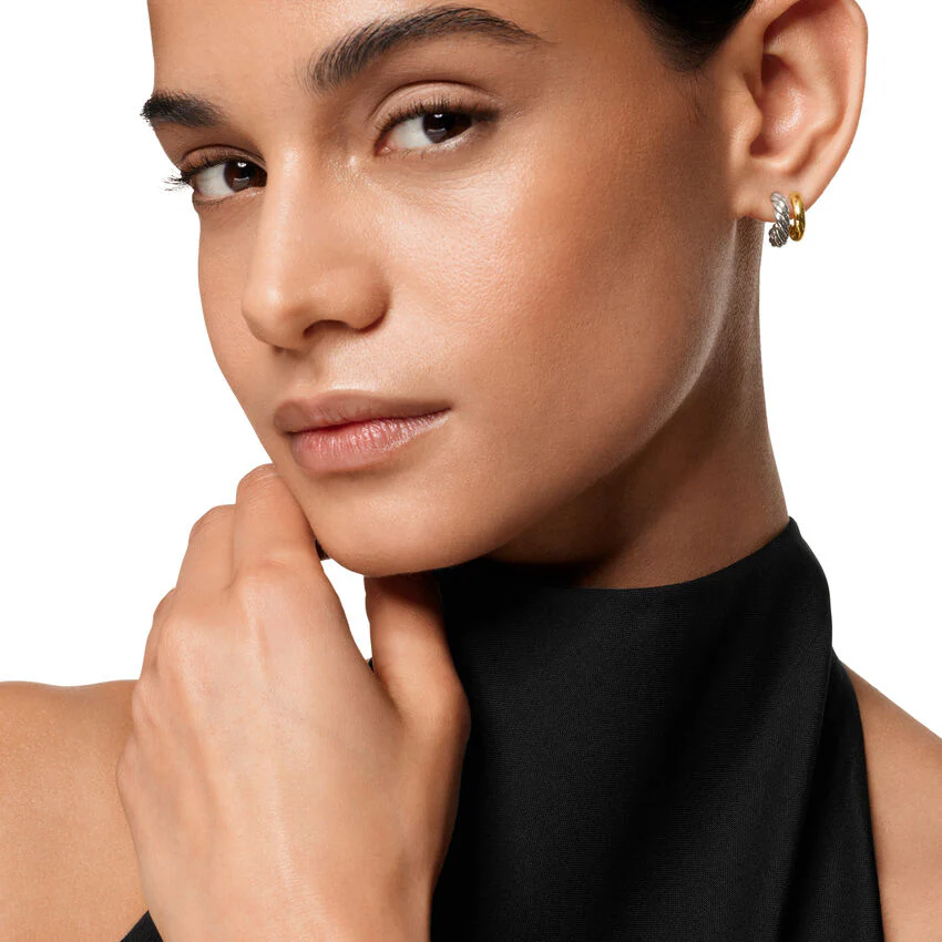 DY Mercer Double Hoop Huggie Earrings in Sterling Silver with 18K Yellow Gold, 13.5mm - Image 5