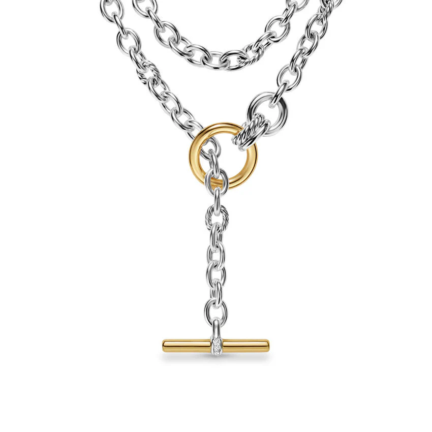 DY Mercer Double Row Toggle Chain Necklace in Sterling Silver with 18K Yellow Gold and Diamonds, 8mm, 41"