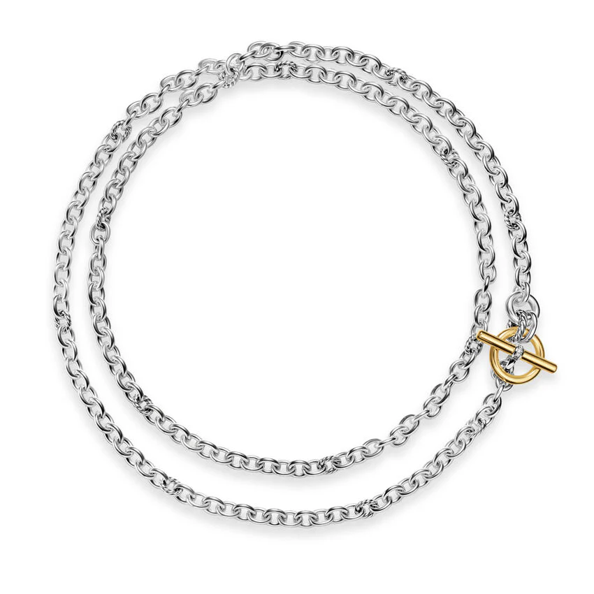 DY Mercer Double Row Toggle Chain Necklace in Sterling Silver with 18K Yellow Gold and Diamonds, 8mm, 41" - Image 3