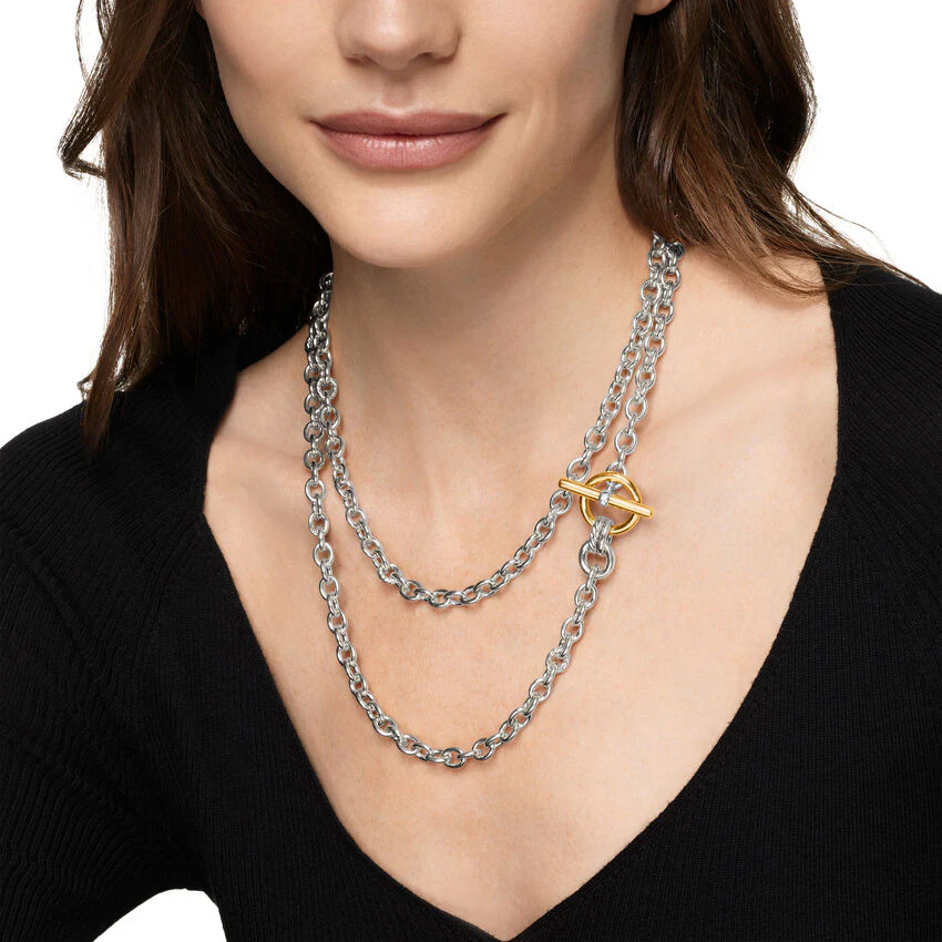 DY Mercer Double Row Toggle Chain Necklace in Sterling Silver with 18K Yellow Gold and Diamonds, 8mm, 41" - Image 4