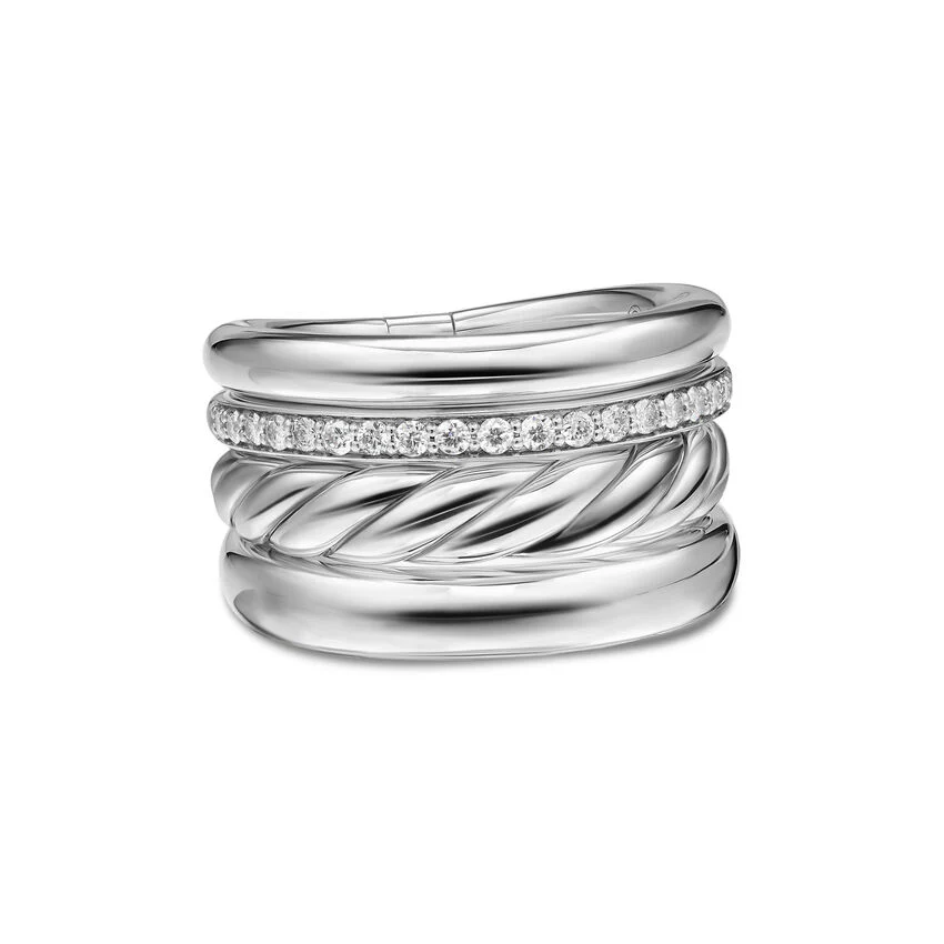 DY Mercer Four Row Ring in Sterling Silver with Diamonds, 13.8mm, Size 6 - Image 2