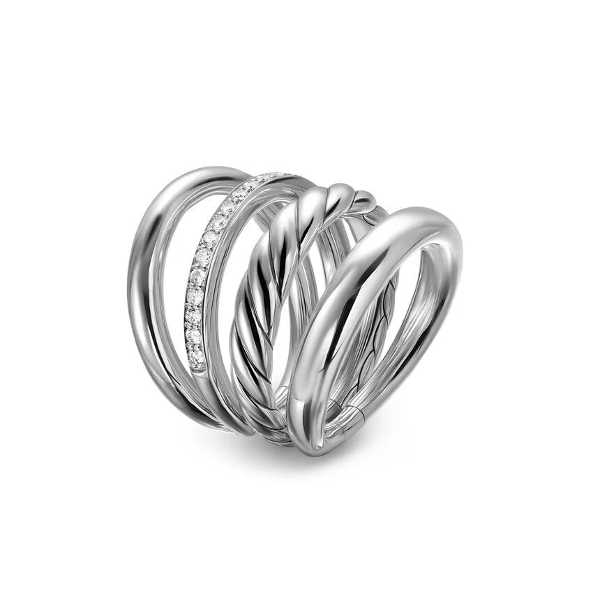 DY Mercer Four Row Ring in Sterling Silver with Diamonds, 13.8mm, Size 6 - Image 3