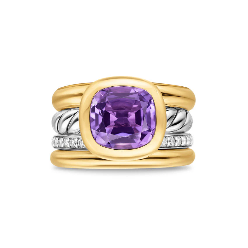 DY Mercer Four Row Stone Ring in Sterling Silver with 18K Yellow Gold, Amethyst and Diamonds, 14mm, Size 7 - Image 2